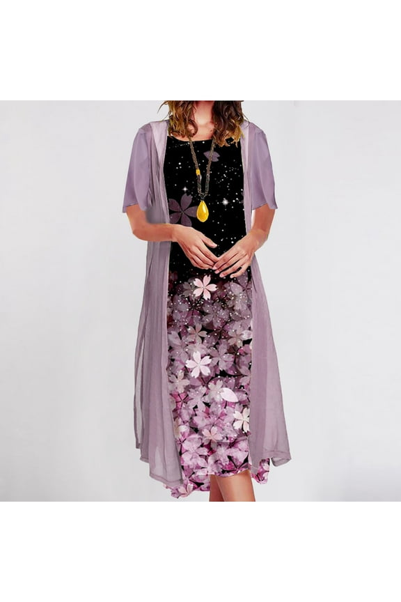 Women Casual Floral Print Sleeveles Dress Solid Chiffon Two-Piece Set