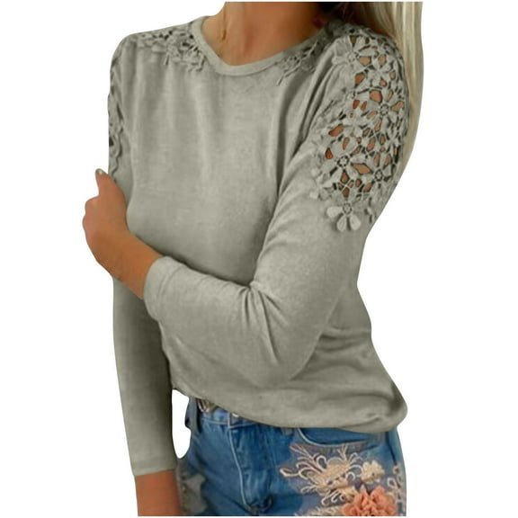 Azrian Women Casual Solid Round-Neck Lace Hollow Out Long Sleeve Pullover Slimming Blouse T-shirt Tops