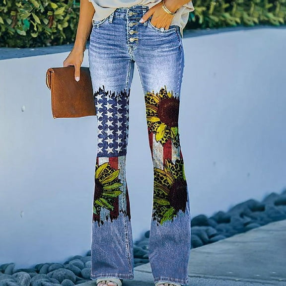 Azrian Women Flare Jeans Elastic Waist Stretch Buttons Printing Thin Stretch Skinny Pants Trousers