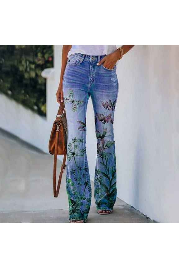 Women Flare Jeans Elastic Waist Stretch Buttons Printing Thin Stretch Skinny Pants Trousers