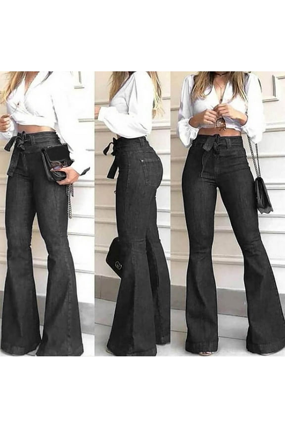 Women Flare Jeans,Plus Fashion Ladys High Waisted Lacing Stretch Wide Leg Bell-Bottomed Pants