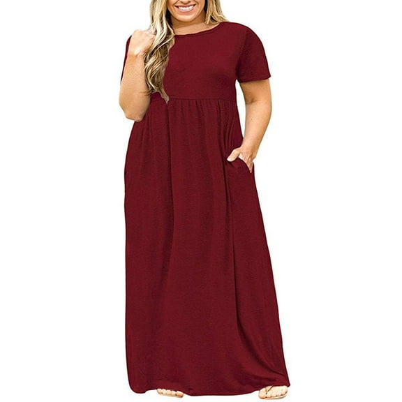 Azrian Women Plus Size Dress, ,Plus Size Women Casual O-Neck Summer Short Sleeve Solid Loose Pocket Long Dress,Red 18(Xxl)
