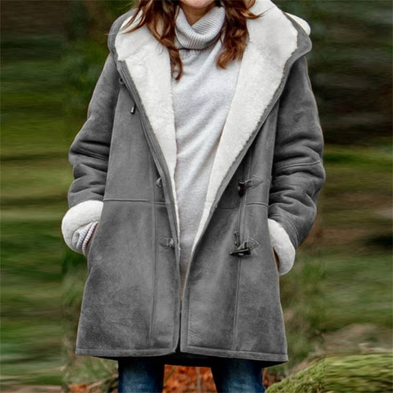 Azrian Women Winter Plus Size Solid Jacket,Plus Velvet Coat,Fashion Long Sleeve Horn Buckle Pocket Overcoat Tops