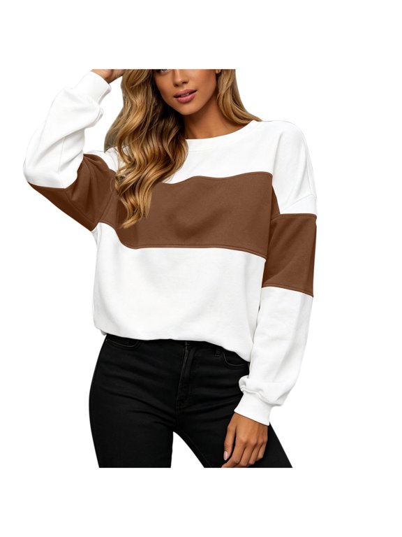 Women’s Color Block Crewneck Sweatshirt, Ladies Fall Winter Casual Top Sizes S-2XL