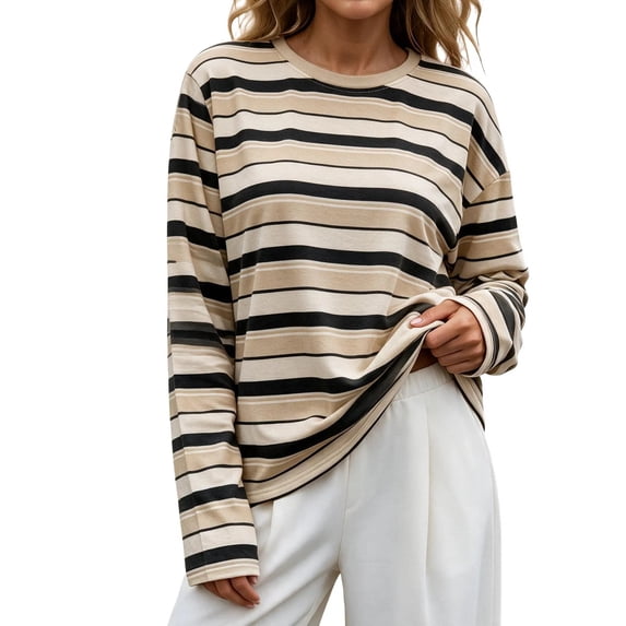 Azrian Women’s Crew Neck Striped Relaxed Fit Pullover Top, Loose Fit Long Sleeve Tee Sizes S-2XL