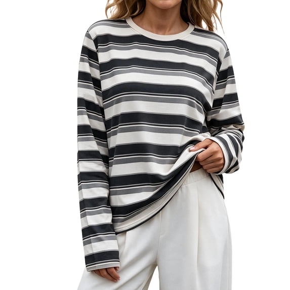 Azrian Women’s Crew Neck Striped Relaxed Fit Pullover Top, Loose Fit Long Sleeve Tee Sizes S-2XL