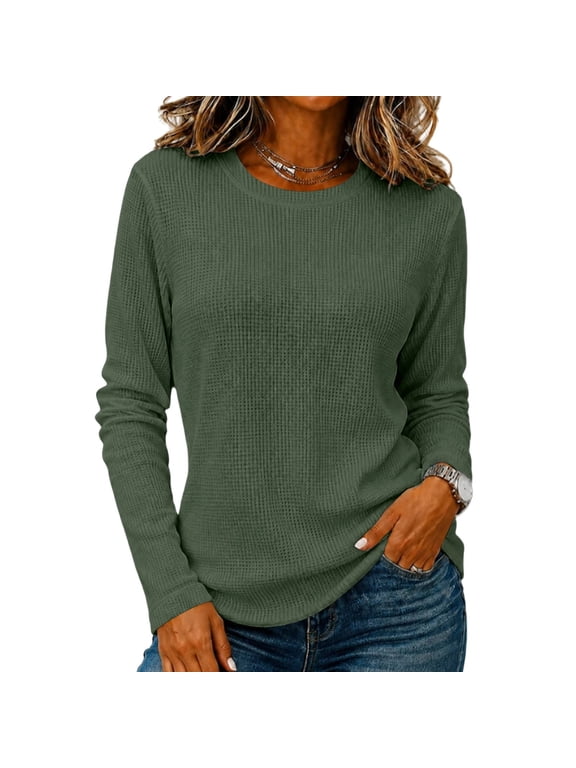 Women’s Crew Neck Waffle Long Sleeve Top, Ladies Soft Thermal Casual Pullover Sizes S-3XL