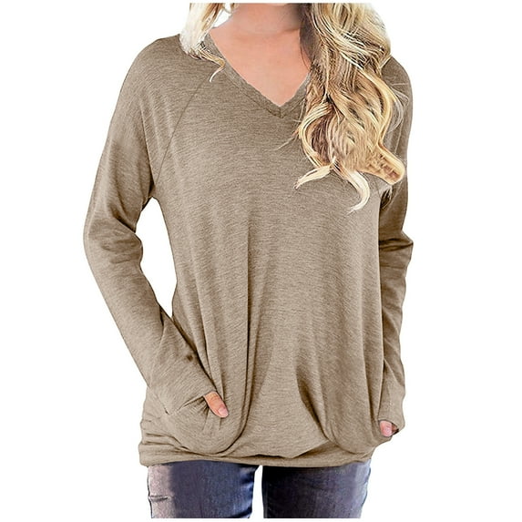 Azrian Sweatshirts for Womens Clearance,Oversized Tshirts Shirts For Women Solid Workout Sweatshirts Casual Basic Long Sleeve Shirt Classic Crew V-Neck Tops Deal for Winter 2023 on Sale