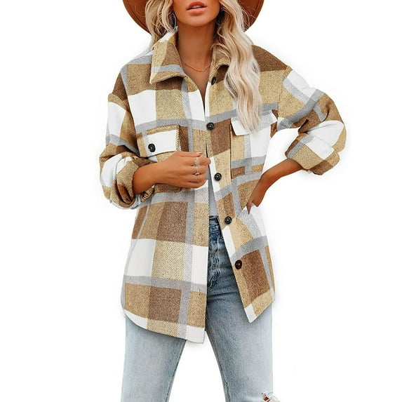 Azrian Women's Flannel Plaid Shacket Long Sleeve Button Down Shirts Jacket Coats with Side Pockets