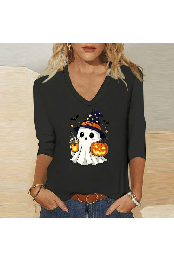 Women's Plus Size 3/4 Sleeve Tunic Tops, Womens V Neck Pumpkin Tops, Trendy Pleated Dressy Casual Blouse ,Black,Size L