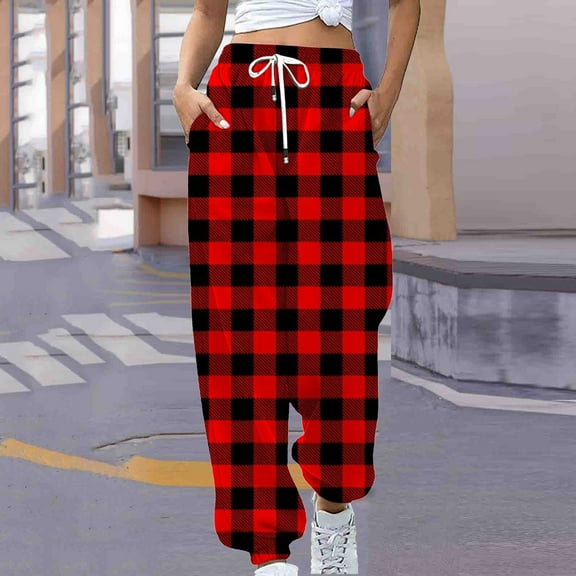 Azrian Women's Plus Size Swearpants Checker Printing Sweatpants Loose Lounge Trousers With Pockets High Waist Pants