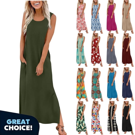 Azrian Women’s Sleeveless Maxi Dress with Pockets,Long Tank Dresses for Women Summer Sleeveless,Women's Plus Beige,Size M