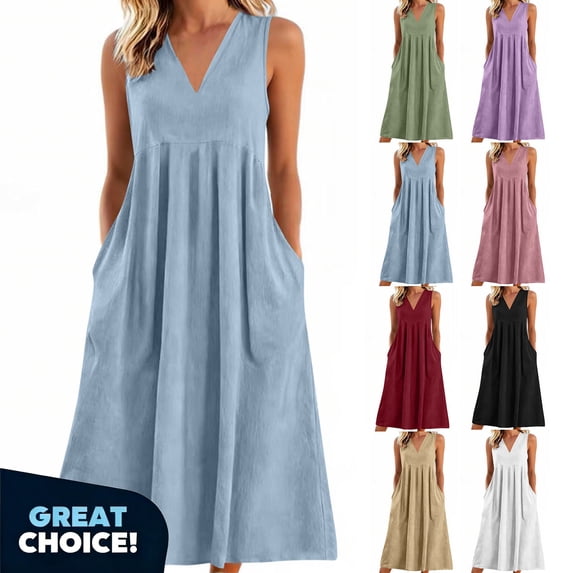 Azrian Women’s Sleeveless V-Neck Midi Dress with Pockets,Plus Size Womens Dresses Solid Color V Neck Sundresses,Women's Plus Light Blue,Size L