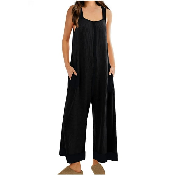 Azrian Women's Sleeveless Wide Leg Jumpsuit Onepieces Overall Dress Women's Fashion Solid Color Loose Adjustable Sleeveless Double Pocket Overalls Wide Leg Jumpsuit Overalls