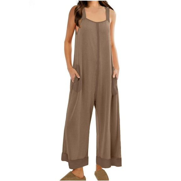 Azrian Women's Sleeveless Wide Leg Jumpsuit Onepieces Overall Dress Women's Fashion Solid Color Loose Adjustable Sleeveless Double Pocket Overalls Wide Leg Jumpsuit Overalls