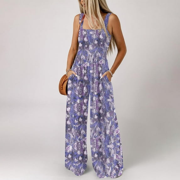 Azrian Women's Sleeveless Wide Leg Jumpsuit Onepieces Overall Dress Womens Fashion Loose Printing Sleeveless Pockets Wide Leg Long Pant Jumpsuit