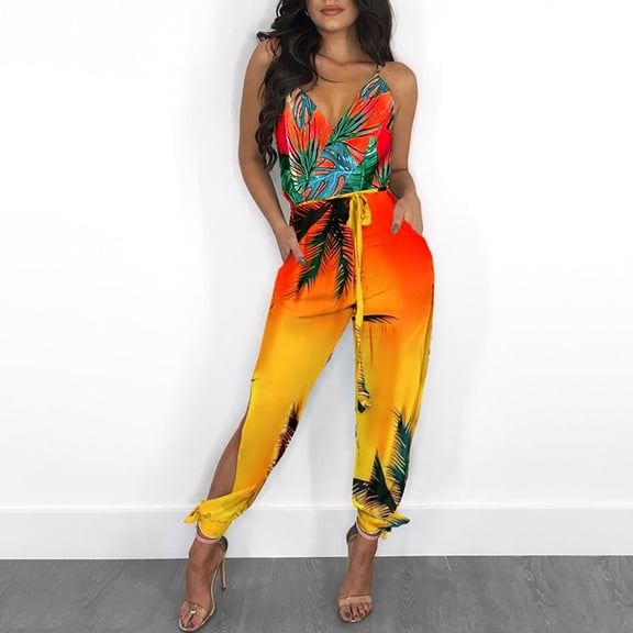 Azrian Women's Sleeveless Wide Leg Jumpsuit Onepieces Overall Dress Womens Wide Leg Pants Striped Printed Sling Hollow Leg Siamese Pants With Belt
