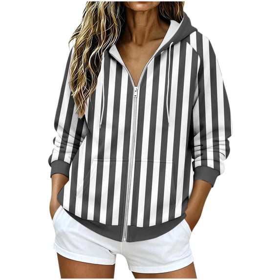 Azrian Women’s Striped Full Zip Hoodie Sweatshirt,Ladies Long Sleeve Hooded Outerwear Sizes S-3XL