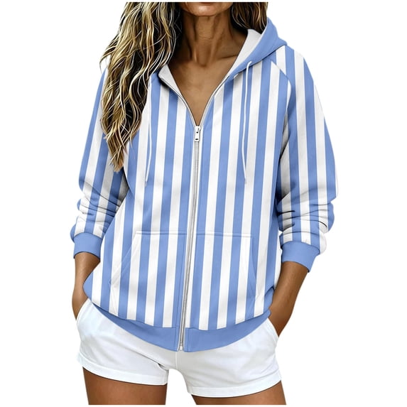 Azrian Women’s Striped Full Zip Hoodie Sweatshirt,Ladies Long Sleeve Hooded Outerwear Sizes S-3XL