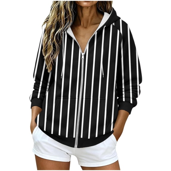 Azrian Women’s Striped Full Zip Hoodie Sweatshirt,Ladies Long Sleeve Hooded Outerwear Sizes S-3XL