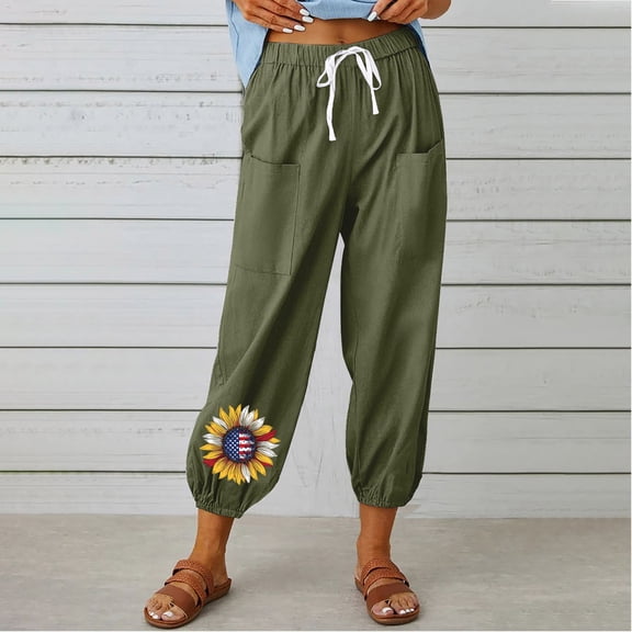 Azrian Women's Summer Casual Loose Cotton Linen Pocket Pants Women's Fashion Casual Solid Color Printed Pants Comfortable And Breathable High Waist Drawstring Pocket Pants