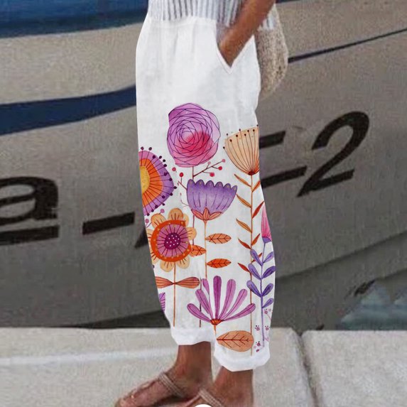 Azrian Women's Summer Casual Loose Cotton Linen Pocket Pants Women's Summer Printed Cotton Pocket Straight Sleeve Casual Elastic Waist Loose Length Pants