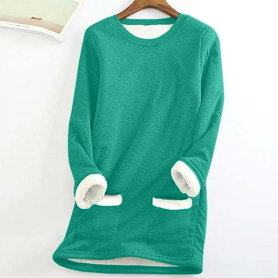 Azrian Women's Winter Plush Warm Long Sleeve Fleece Crewneck Pullover Tops Round Neck Pocket Thickened Sweatshirt