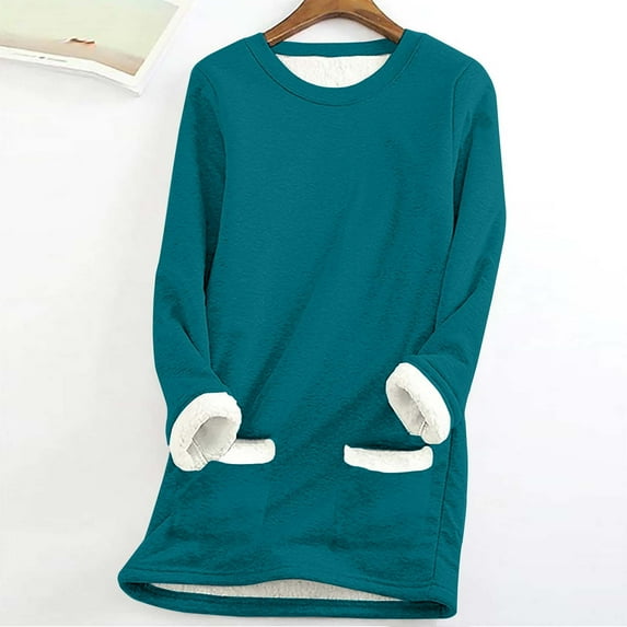 Azrian Women's Winter Plush Warm Long Sleeve Fleece Crewneck Pullover Tops Round Neck Pocket Thickened Sweatshirt