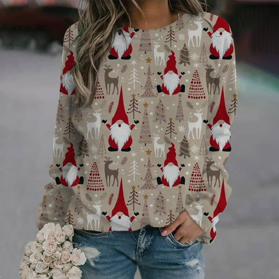 Azrian Womens Christmas Tops,Women Sleeves Casual Christmas Printing Round Neck Sweatshirt Crewneck Pullover Tunic Tops Plus Size