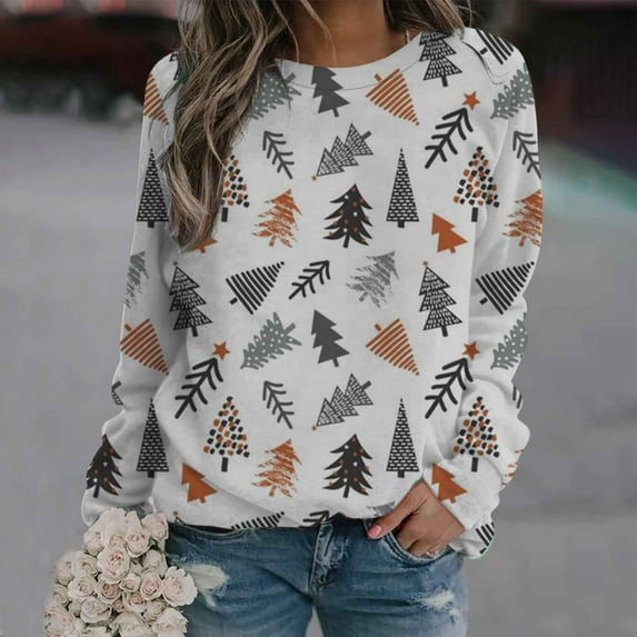 Azrian Womens Christmas Tops,Women Sleeves Casual Christmas Printing Round Neck Sweatshirt Crewneck Pullover Tunic Tops Plus Size
