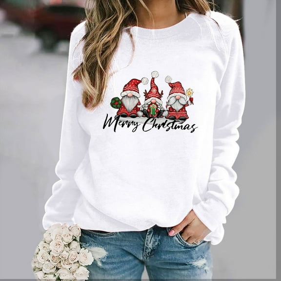 Azrian Womens Christmas Tops,Women's Fashion Loose Christmas Print Round Neck Sweater 2023 Deal on Sale Plus Size Clearance