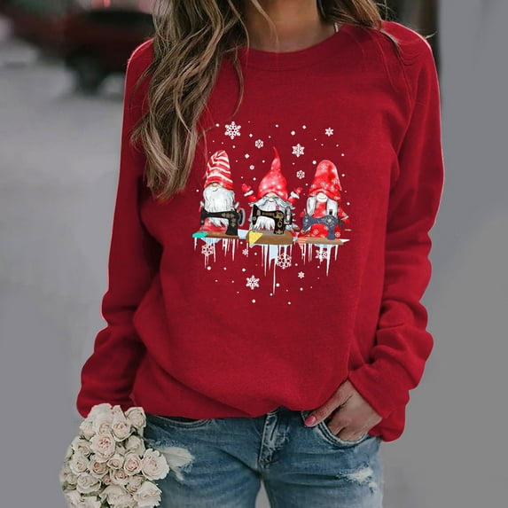 Azrian Womens Christmas Tops,Women's Fashion Loose Christmas Print Round Neck Sweater 2023 Deal on Sale Plus Size Clearance