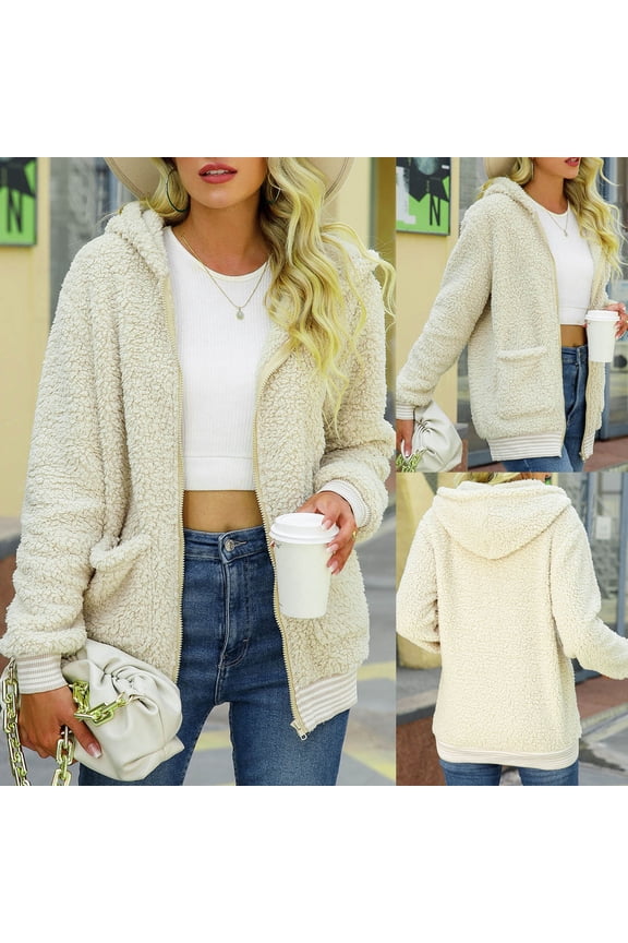 Womens Coats and Jackets,Women's Casual Autumn and Winter Women's Long Sleeved Loose Iron Free Zipper Solid Color Bubble Velvet Coat Long Sleeved Hooded Casual Coat/Jacket