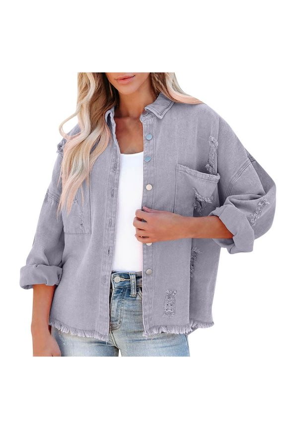 Womens Coats and Jackets,Women's Casual Washed Worn Hole Loose Denim Jacket Oversized Denim Jacket Boyfriend Long Sleeve Jacket