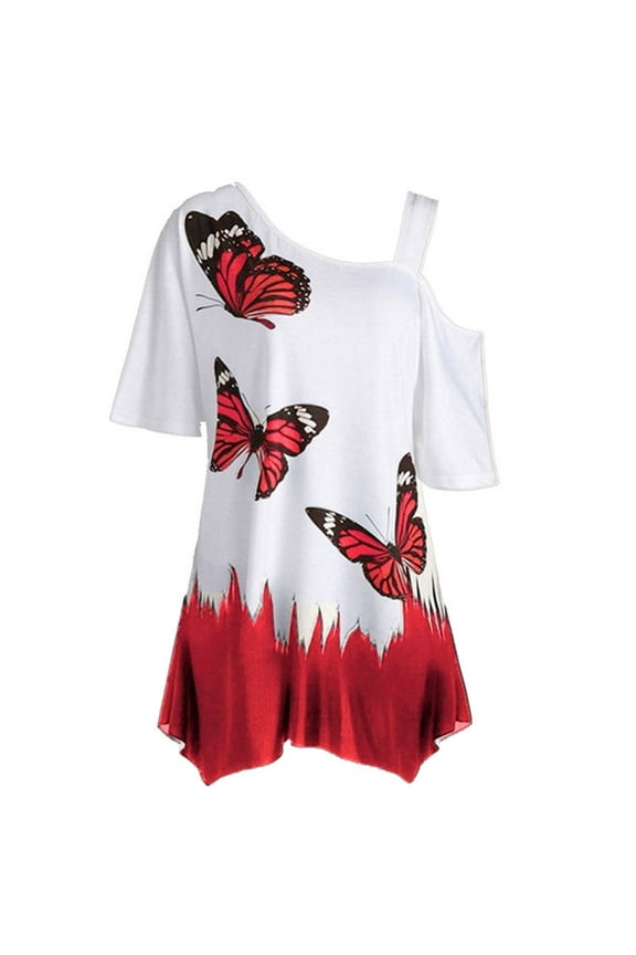 Womens Cold Shoulder Butterfly Print Short Sleeve for Summer Plus-Size Shirt Blouse Tops under $5
