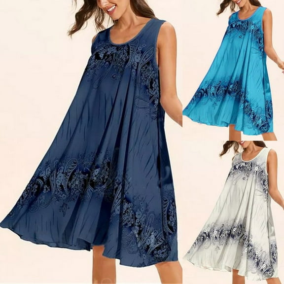 Azrian Womens Dresses,Women's Plus,Digital Printed Sleeveless Slim Fitting A-line Dress