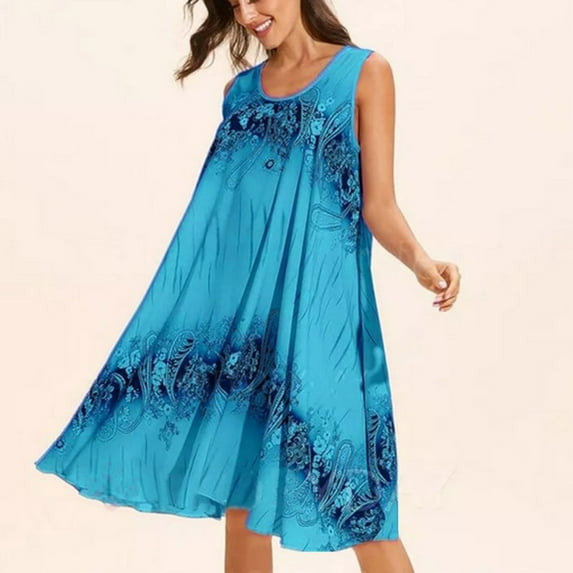 Azrian Womens Dresses,Women's Plus,Digital Printed Sleeveless Slim Fitting A-line Dress