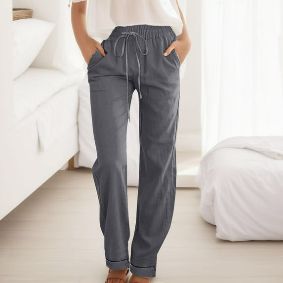 Azrian Womens Fall Fashion Pants Clearance,Women's Casual Slim High Elastic Waist Color Sports Cotton And Linen Pants Dark Gray Size XXL on Sale