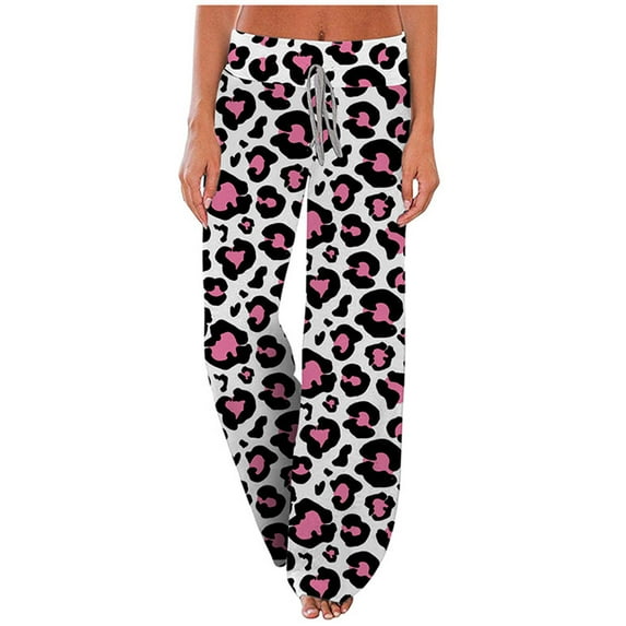Azrian Womens Fall Fashion Pants Clearance,Women's Comfy Casual Pajama Floral Print Elastic Waist Lounge Wide Leg Pants Pink Size M on Sale