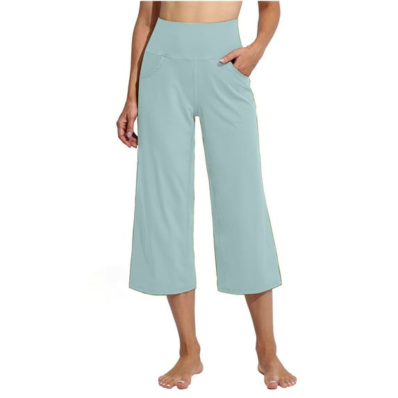Azrian Womens Fall Fashion Pants Clearance,Women's Pure Color High Waist Sports Fitness Yoga Wide Wide Leg Capris Light Blue Size XXXL on Sale