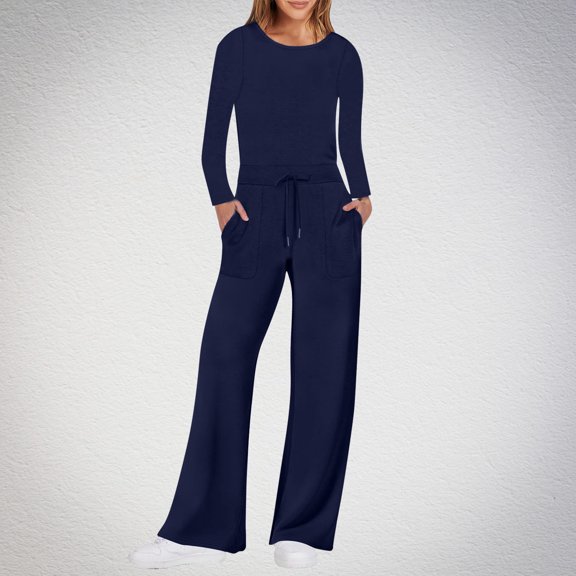 Azrian Womens Fall and Winter Loungewear Suit Sports Set Women's Casual Solid Color Round Neck Pocket Long Sleeve Jumpsuits