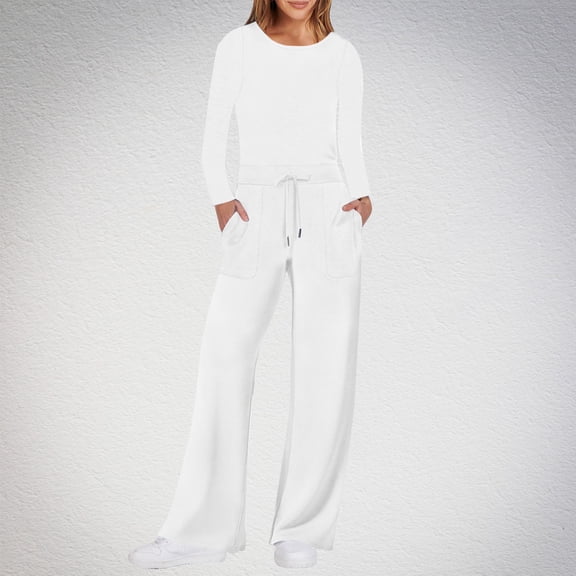 Azrian Womens Fall and Winter Loungewear Suit Sports Set Women's Casual Solid Color Round Neck Pocket Long Sleeve Jumpsuits