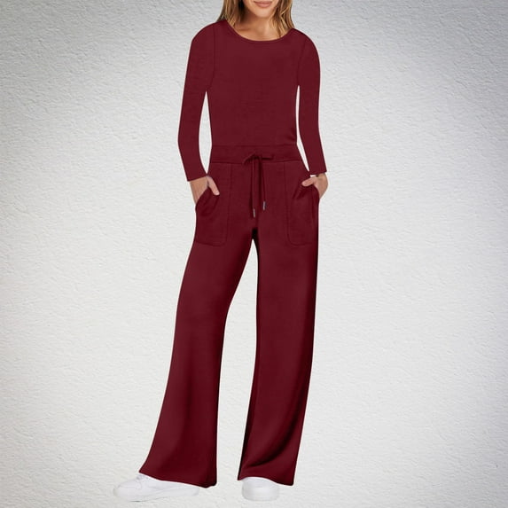 Azrian Womens Fall and Winter Loungewear Suit Sports Set Women's Casual Solid Color Round Neck Pocket Long Sleeve Jumpsuits