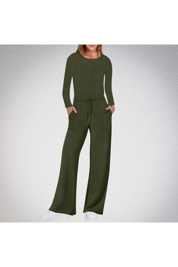 Womens Fall and Winter Loungewear Suit Sports Set Women's Casual Solid Color Round Neck Pocket Long Sleeve Jumpsuits