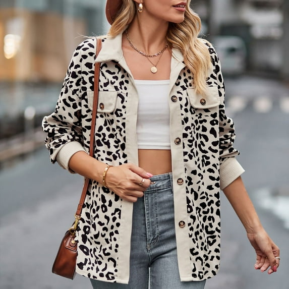 Azrian Womens Jackets and Coats Clearance,Plus Size Women's New Leopard Print Button Long Sleeve Jacket Shirt Coat on Sale