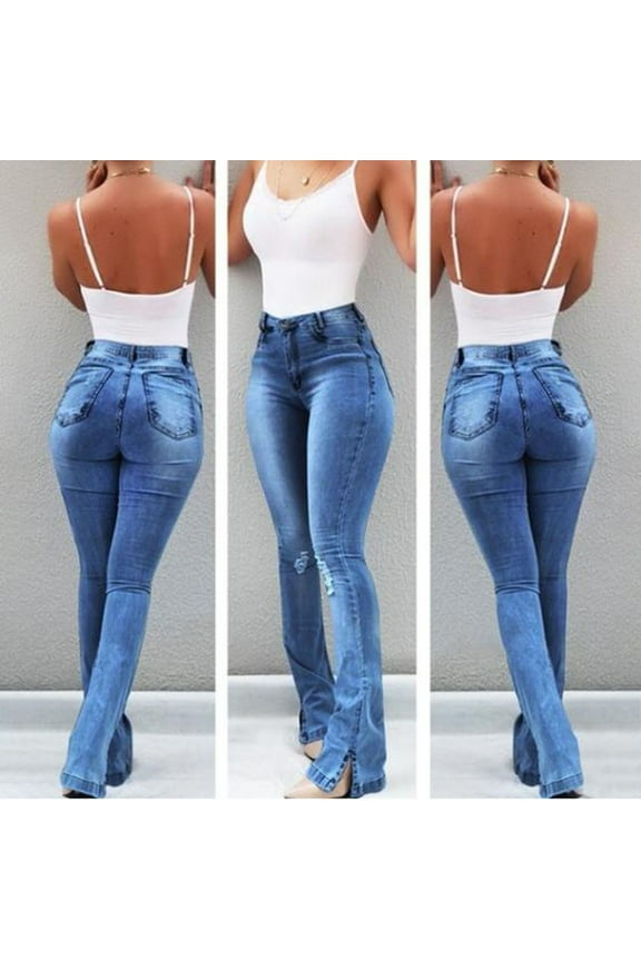 Womens Jeans Pants,High Waisted Skinny Pocket Stretch Trousers Hole Flare Pant Denim Jeans M-XXL Size on