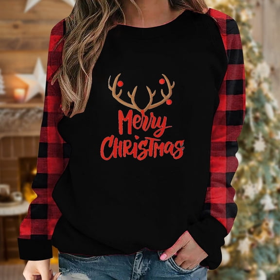 Azrian Womens Long Sleeve Crewneck Blouse Plaid Print Splicing Round Neck Pullover Shirt T-Shirt Tops