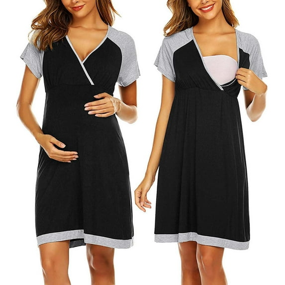 LoyisViDion Womens Maternity Dresses Clearance Pregnant Women Clothes Short-Sleeved Irregular Maternity Dress with Waist Black XL