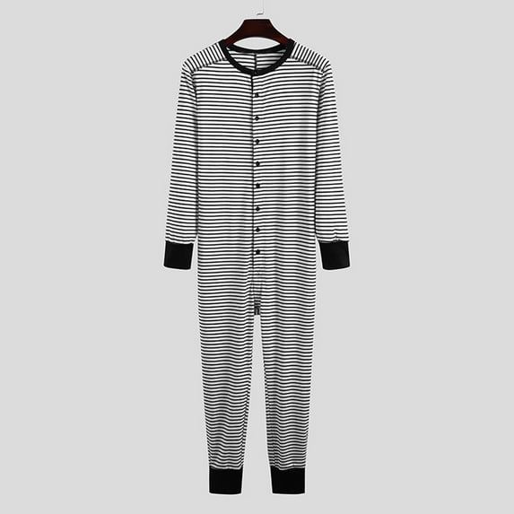 Azrian Womens Pajamas,Striped Pajamas Adults Butt Flap Soft Long Sleeve Sleepwear Jumpsuit Pajama Set M Size,White on
