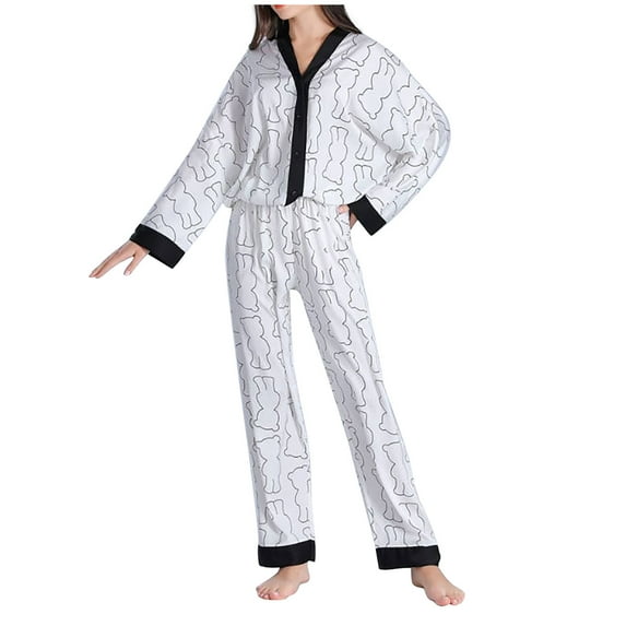 Azrian Womens Pajamas,Women Casual Printed V-Neck Long Sleeve Tops and Long Pants Pajamas Suit L Size,White on